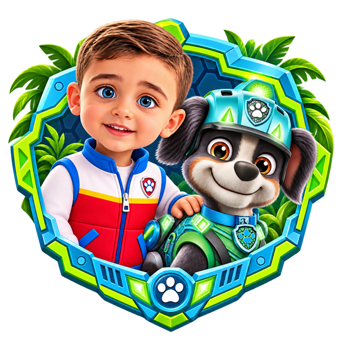Leon and Rex smiling together in an adventure badge